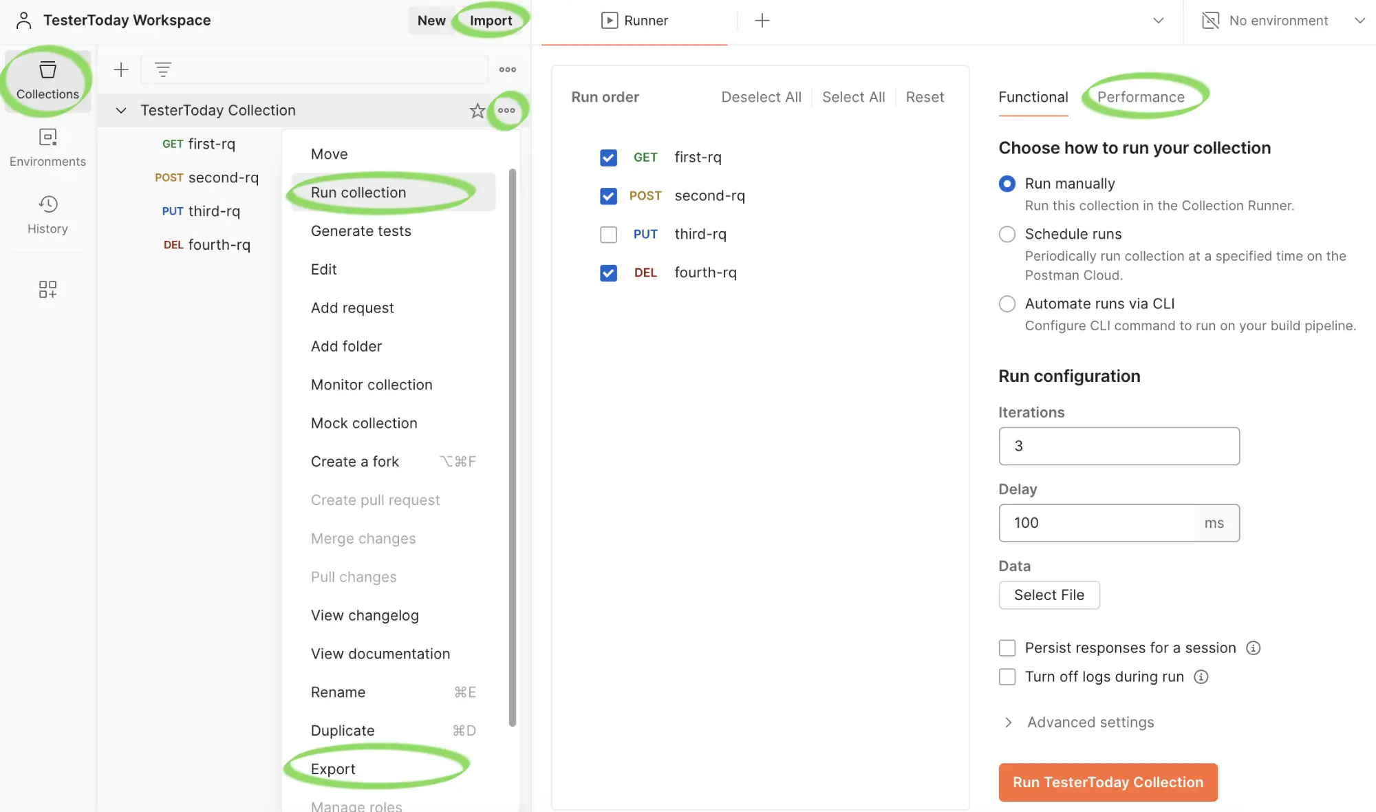 Postman collections with core features highlighted