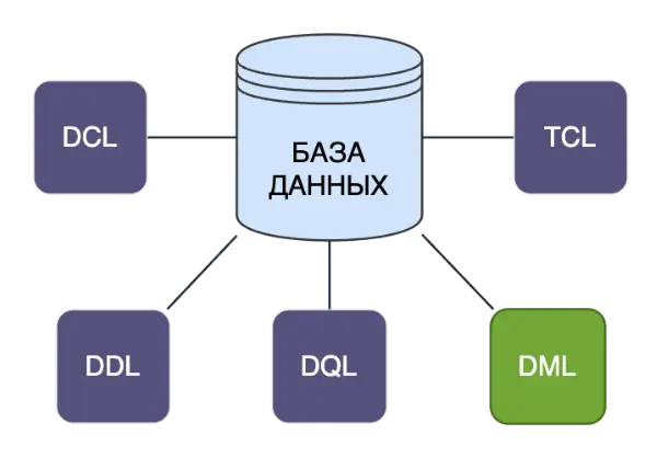 SQL command types with DML type highlighted